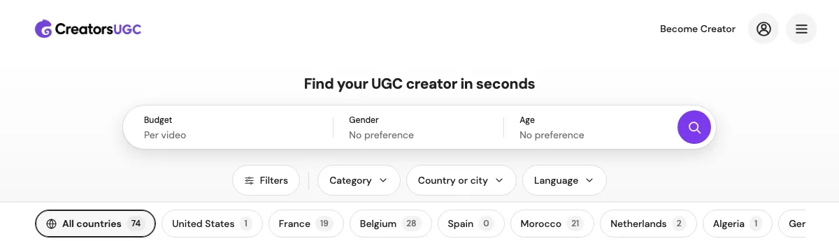 CreatorsUGC creator search with budget, gender, age, category, country, and language filters