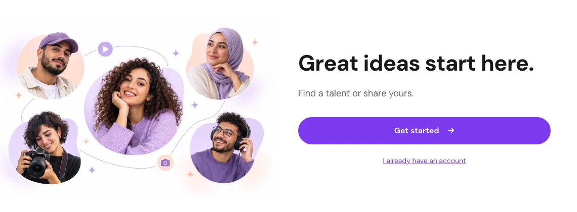 CreatorsUGC sign-up screen with a Get started button