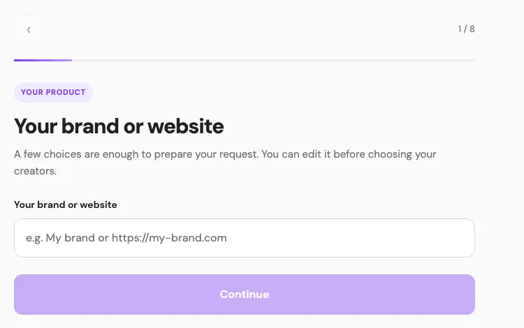 First step of the CreatorsUGC brief form asking for your brand or website